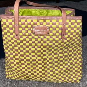 Kate Spade Yellow and Brown Checkered Basketweave Tote, patent leather